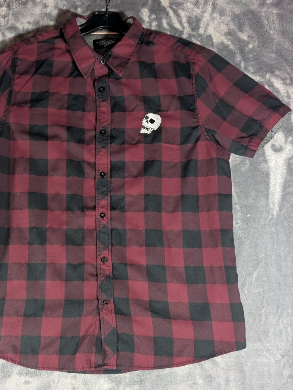 Eighty Eight Mens Large Skull Embroidered Plaid Button Down Shirt Skater Biker L